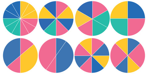 Obraz premium Pie charts diagrams. Different color circles. donut and pie chart infographic elements set. Colorful diagram collection with. Circle icons for infographic.