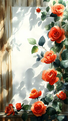 Watercolor depiction of orange roses with lush leaves on a trellis Light streams from above