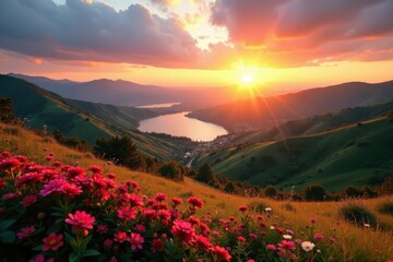 Sunset over the rolling hills of Bonito, with vibrant flowers and a serene lake in the background, flower fields, tropical