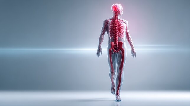 Medical educational image of full-body human with transparent skin, red spine and brain, peripheral nerves glowing blue, subtle pastel halo, white setting.