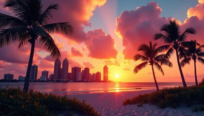 Sunset over West Palm Beach skyline, palm trees swaying gently, beach, cityscape