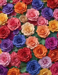 Fototapeta premium Gradient of colorful paper roses, vibrant floral backdrop, flower backdrop, paper rose background, flowers