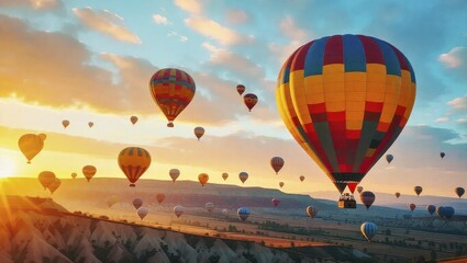 Hot air balloons float over Cappadocia at sunrise

