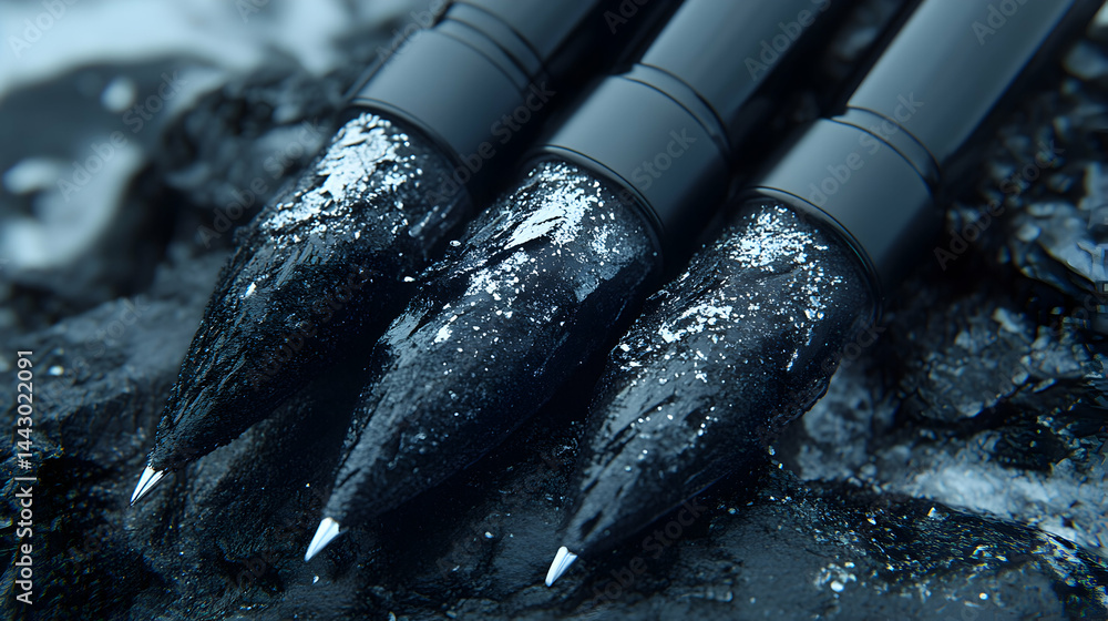 Poster three sleek, black, textured objects with metallic tips rest on a dark, rough surface, creating a dr