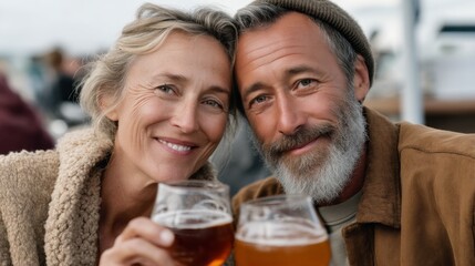 A couple raises their glasses, sharing smiles in a cozy outdoor setting. The sun shines down on them, amplifying their joy as they savor flavorful craft beers together, surrounded by friends