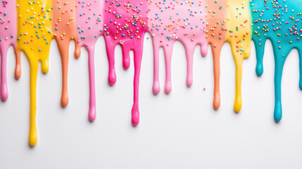 Rainbow melted icing drips with sprinkles create vibrant and playful atmosphere