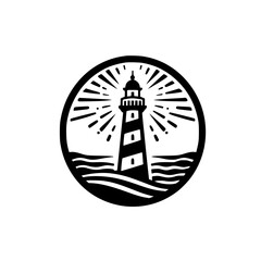 Simple Black and White Lighthouse Logo within Circle Frame, Guiding Light and Waves Emblem, Nautical Graphic Illustration