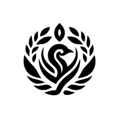 Elegant Minimalist Stylized Swan Emblem with Laurel Wreath and Flame - Graphic Black and White Logo Symbol