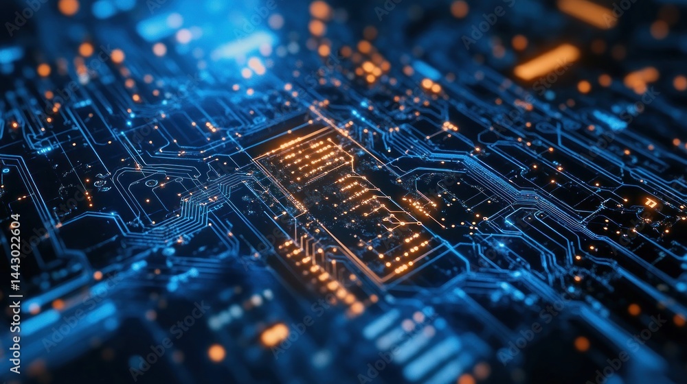 Poster close-up of glowing circuit board with intricate pathways and connections.