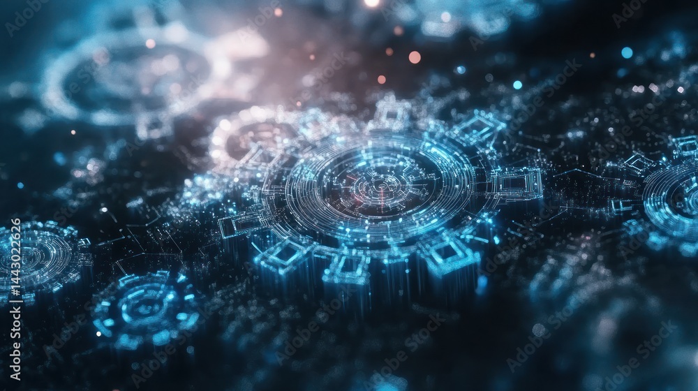 Poster abstract digital gears and circuits glowing in dark space.