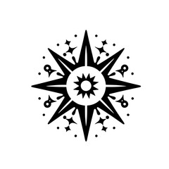 Abstract Black White Stylized Star Compass Symbol with Decorative Elements - Graphic Illustration Design