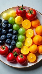 Fresh fruits and vegetables arranged in a rainbow gradient on a plate, superfoods, health, nutrition