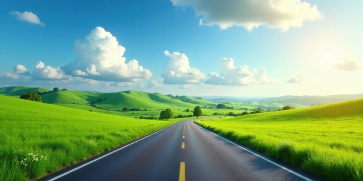 Asphalt road cuts through vibrant green rolling hills under a brilliant summer sky, promising adventure and scenic beauty