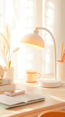White Led Desk Lamp on Wooden Table with Soft Lighting