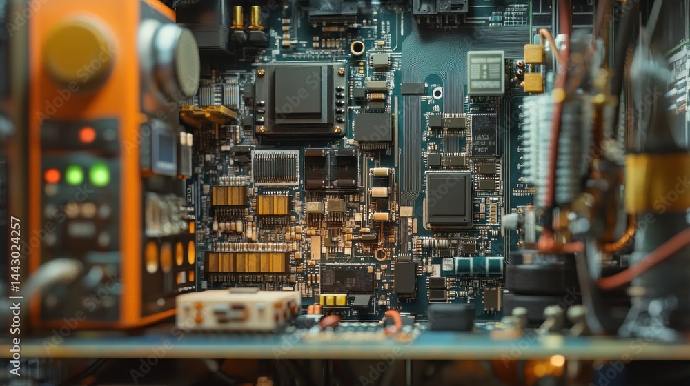 Poster close-up of complex circuit board with electronic components.