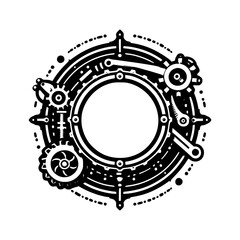 Monochrome Mechanical Circle Design Element. Intricate Black and White Steampunk Style Gear and Clockwork Mechanism Isolated on White. Technical Engineering Graphic.
