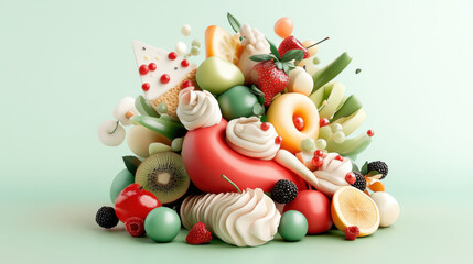Colorful fruit and dessert arrangement with playful shapes and