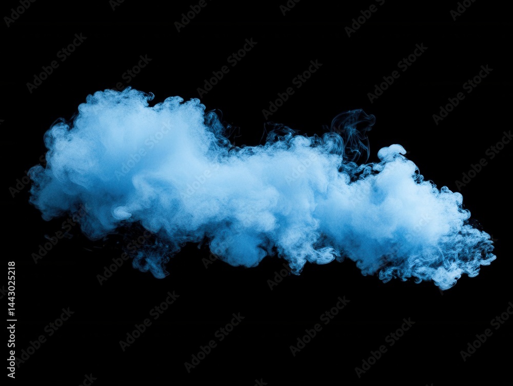 Poster ethereal blue smoke cloud gracefully floating against a stark black backdrop creating a mesmerizing 