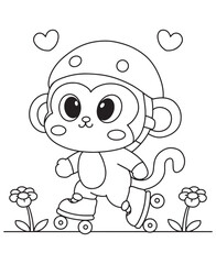Coloring book cute monkey on roller skates with a helmet among flowers and hearts