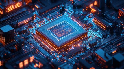 Fototapeta premium Close-up of a central processing unit (CPU) on a circuit board, glowing with orange and blue light.