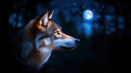 Obraz premium Black wolf with golden eyes reflecting the moonlight, standing out against a dark forest backdrop.