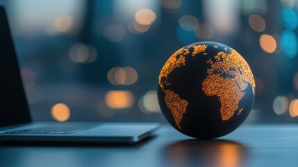 Black globe on a desk beside a laptop, representing a world of opportunity and exploration.