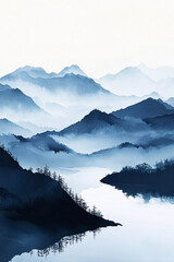Fototapeta premium A watercolor painting of layered blue mountains, serene lake, and reflections in a calm landscape.