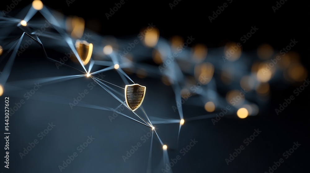Poster abstract rendering of secure network featuring interconnected golden shields