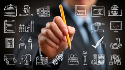 Businessman Drawing Strategy Icons with Pencil on Dark Background