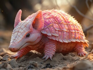 Fototapeta premium A Pink Fairy Armadillo Emerges: Close-up of a Rare and Enchanting Creature in its Natural Habitat, Bathed in Golden Sunlight and Captured in Stunning Detail
