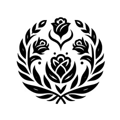 Fototapeta premium Minimalist Black and White Floral Emblem. Symmetric Circle Design with Stylized Roses and Leaves. Elegant Vector Graphic Element.