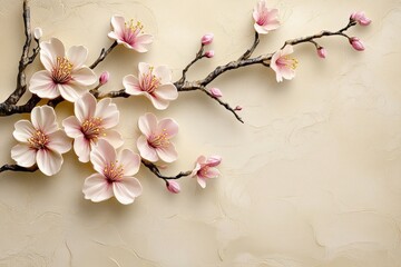 Delicate cherry blossoms artfully arranged on a textured surface.