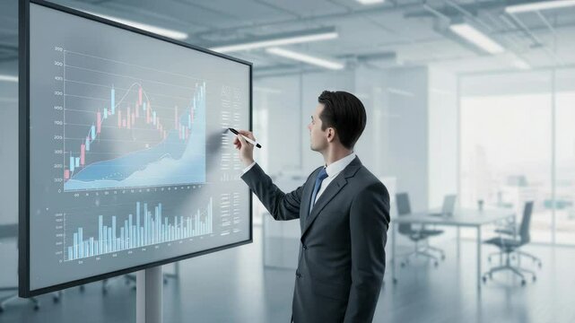 Businessman Analyzing Financial Data on Interactive Display - A businessman in a suit uses a stylus to interact with a large touchscreen display showing various financial charts and graphs. He is stan