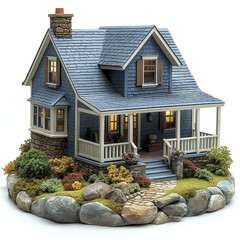 charming model house with blue exterior, surrounded by lush greenery and rocks, evokes warmth