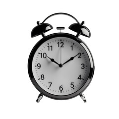 Classic black analog alarm clock isolated on white. Retro design, great for illustrating time, punctuality, and morning routine themes