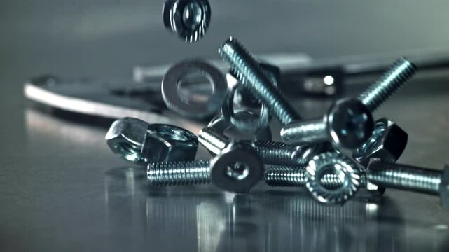 Falling nuts, bolts and washers on a metal table. Filmed on a high-speed camera at 1000 fps. High quality FullHD footage