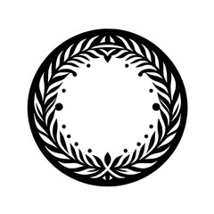 Elegant Black and White Decorative Wreath Frame with Stylized Leaves and Dots - Monochrome Graphic Element
