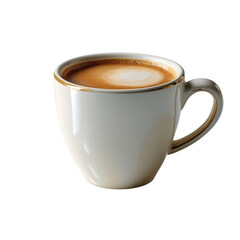 White ceramic coffee mug filled with latte, isolated on white background. Ideal for advertising, menu design, or product showcase