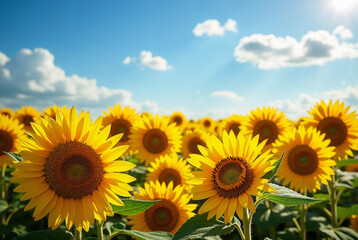 Fototapeta premium A field of vibrant sunflowers under a bright summer sky.