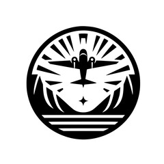 Retro Airplane and Mountain Landscape Circle Emblem