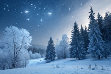 Naklejka premium Peaceful Christmas Eve Snowy Forest Under Starlit Sky