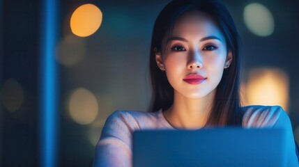 Glamorous Asian female entrepreneur attending a remote networking event