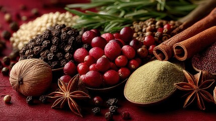 Festive holiday spices create a warm and inviting culinary scene on red