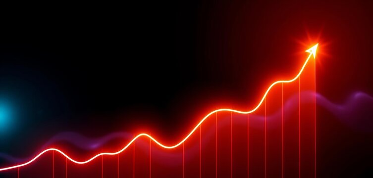 Glowing upward trend graph on dark background, showcasing exponential growth, glow, dynamic