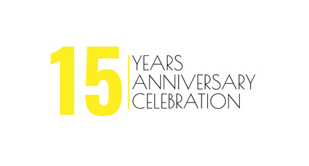 Fifteen years anniversary celebration depicted in a minimalist style with yellow numbers and thin black lettering on a white background.