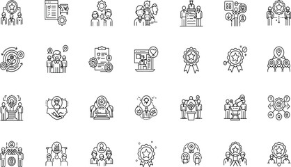 Core values line icon set. Vector pictograms of principles, business ethics, teamwork, leadership, diversity, integrity, trust, innovation