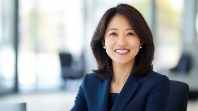 Smiling Asian businesswoman in a virtual meeting with global colleagues