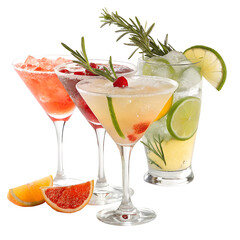 Vibrant tropical cocktails in martini glasses with citrus garnishes and ice on white background