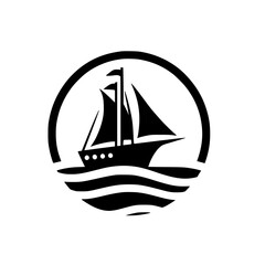 Minimalist Black Sailing Ship on Waves in Circle Logo Icon - Nautical Maritime Emblem Graphic