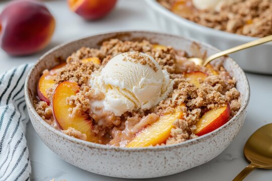 Bowl of peach crumble with vanilla ice cream and golden crispy topping